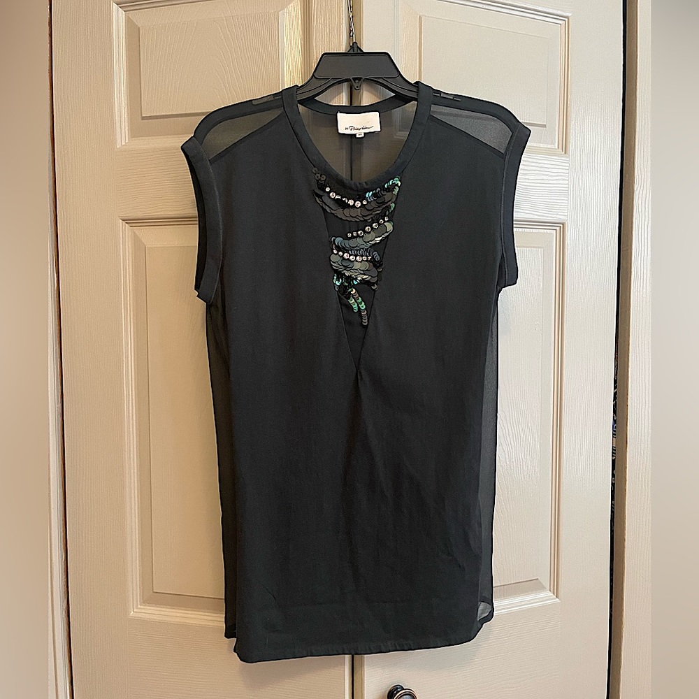 3.1 Phillip Lim Mixed Media Silk and Cotton Sequin and Jewel Bodice Top